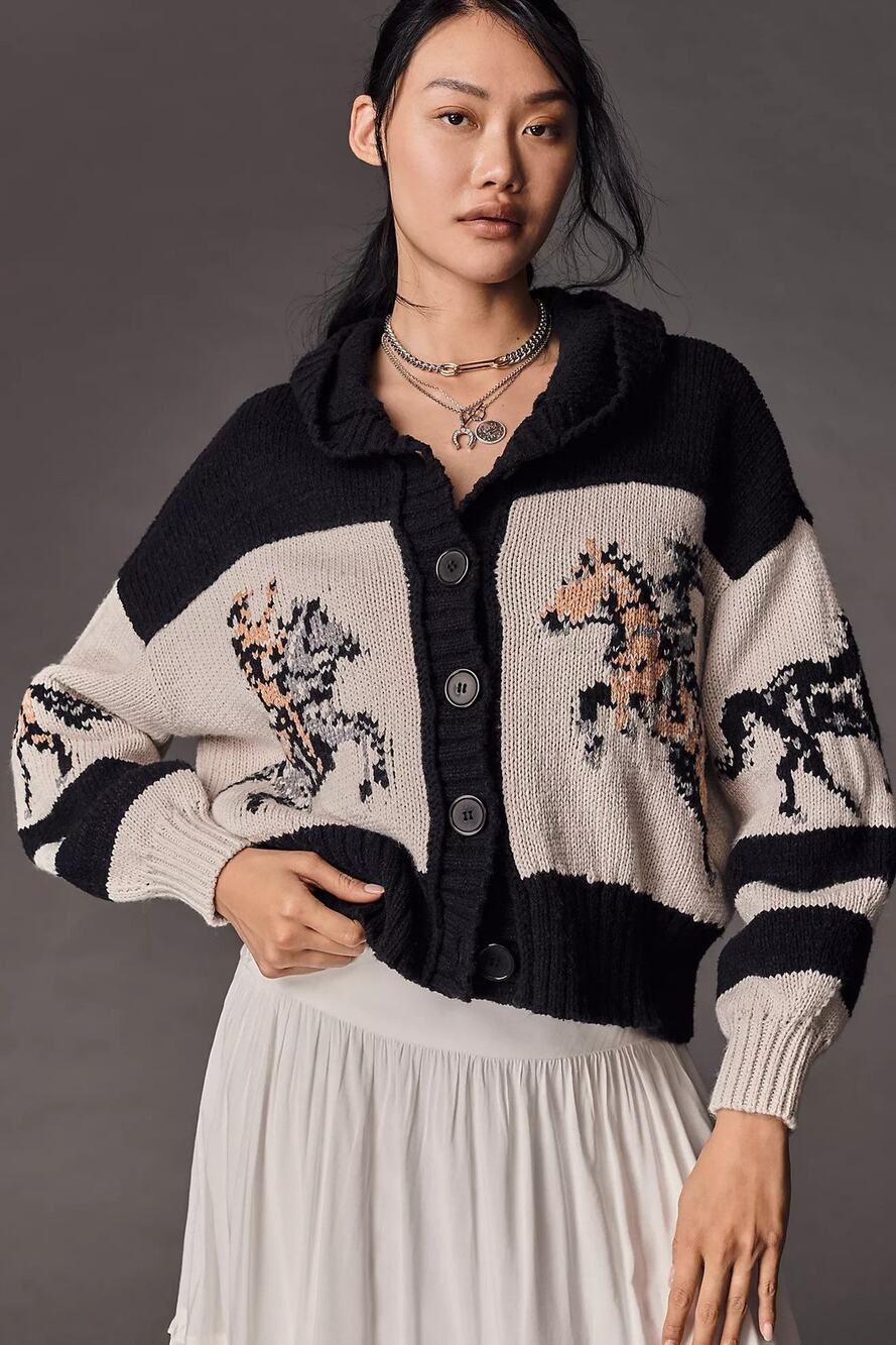 Pilcro Horse Graphic Cardigan Sweater - S - Neutral Motif